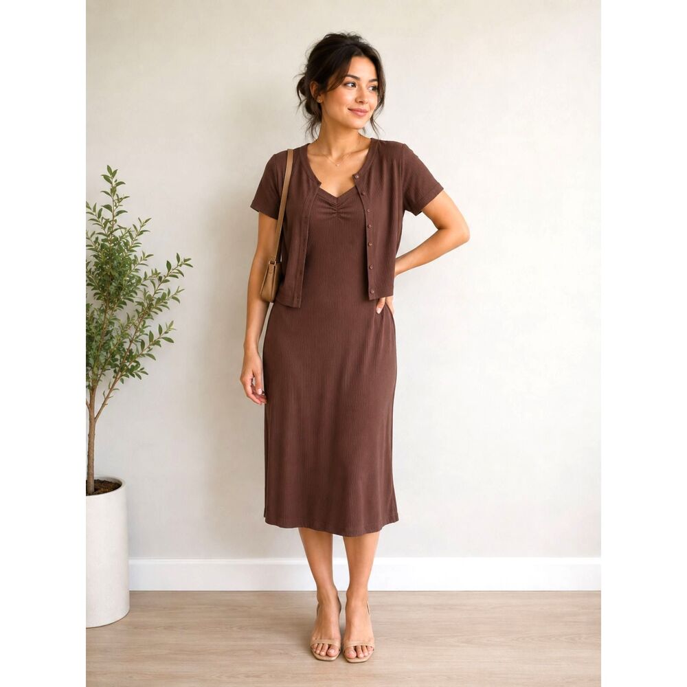 Wild Fable Brown Ribbed Midi Dress & Cardigan Set Women's Sleeveless NWT Size L